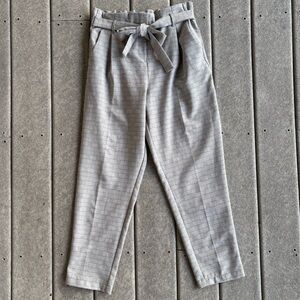 Grey and White High Waist Plaid Ankle Pants with Tie Waist